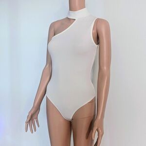 White One-Shoulder Mock-Neck Ribbed Bodysuit Size Small
